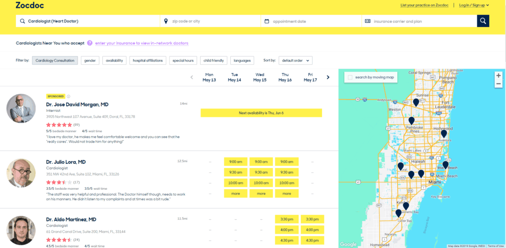 Zocdoc search for doctor appointment; a great dr app at work