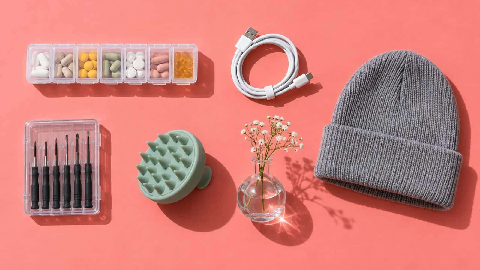 Overhead flat lay of small household buys on coral paper: a seven-day pill organizer with pills, a coiled white cable, a mini screwdriver set, a scalp massager, a small glass vase with tiny white flowers, and a folded gray beanie