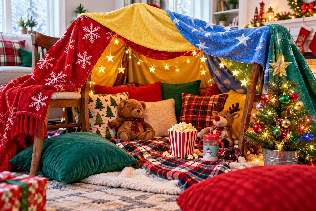 A blanket fort draped in red, yellow, blue and green blankets with fairy lights inside, cushions, a teddy bear, a plush reindeer, a cup of popcorn and a small decorated tree