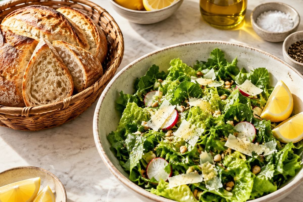 A basket of bread beside a green salad with lemon wedges on a marble counter