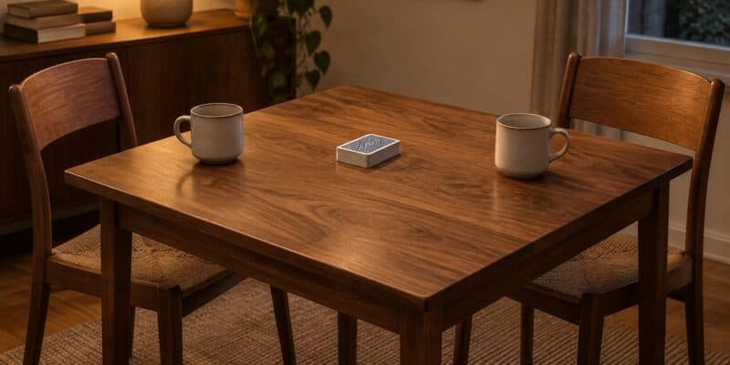 Face-down playing cards and two mugs on a small table.