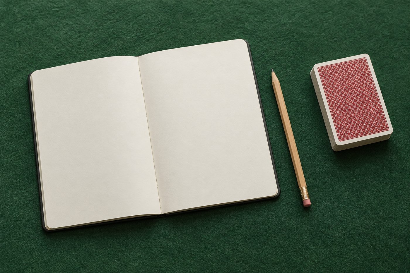 A blank notebook and pencil beside a face-down deck on green felt.
