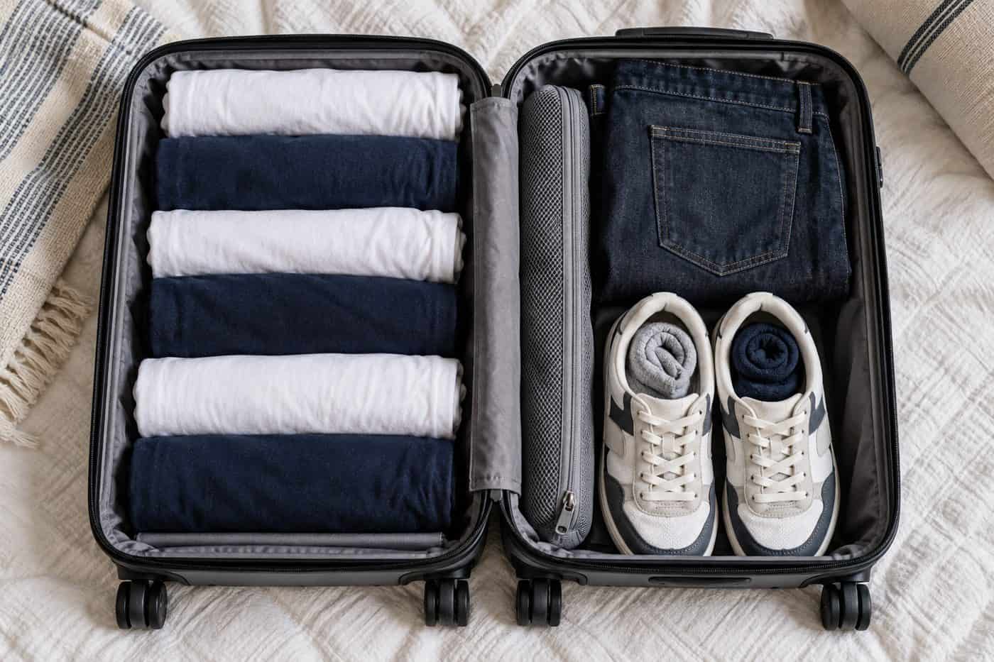 Open carry-on with rolled tops, folded jeans, and socks tucked into sneakers