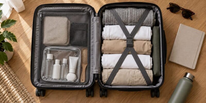 Carry-on packing checklist flat lay: an open suitcase with rolled clothes and a clear quart-sized toiletry bag