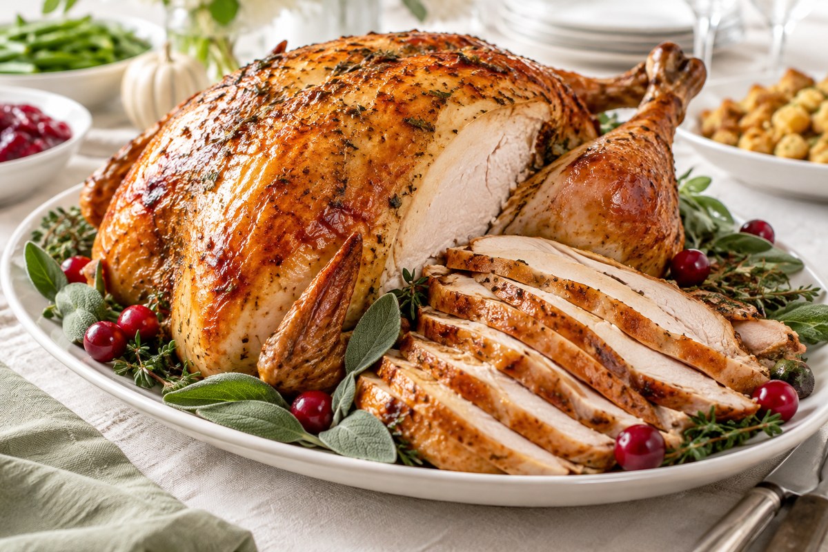 Carved roast turkey on a wide platter with sage leaves and cranberries