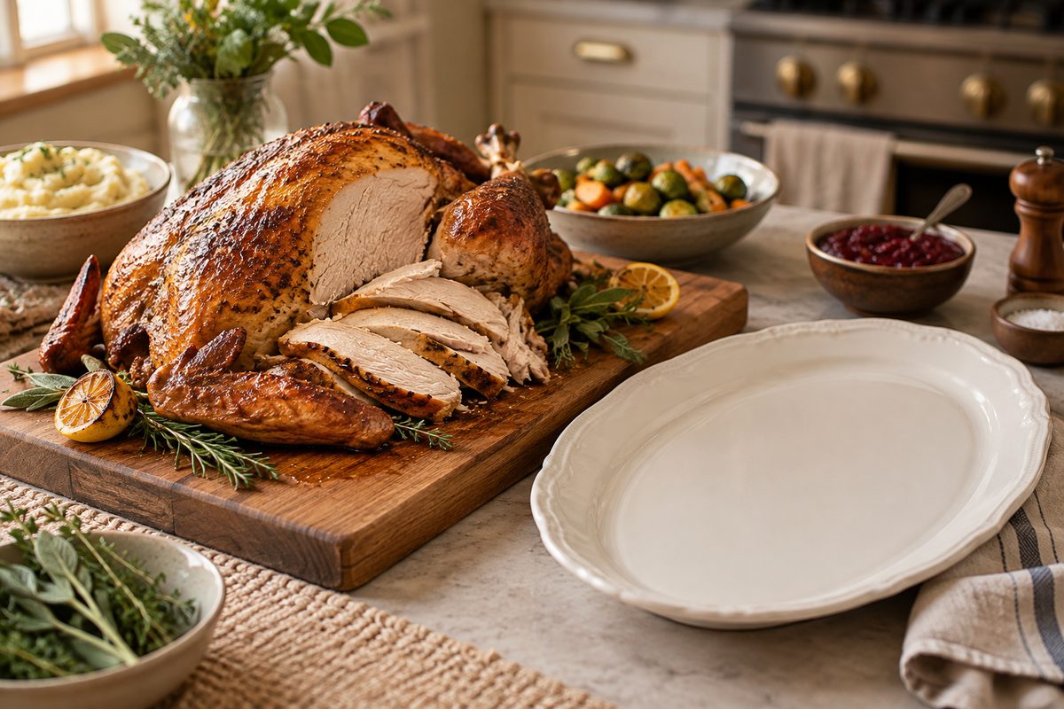 A carved turkey on a wooden board beside an empty platter