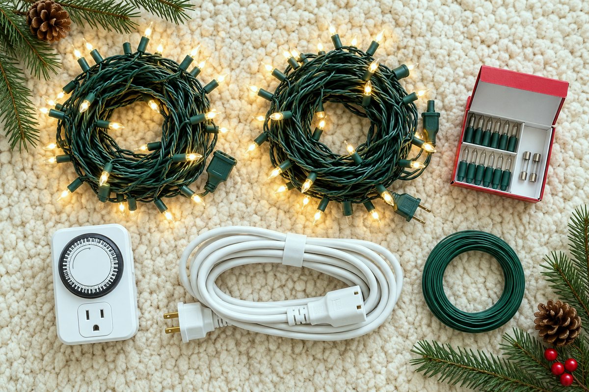Coils of Christmas light strands, spare bulbs and clips laid out on a table