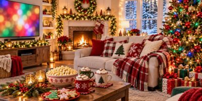 A festive living room set for a family movie night: a lit Christmas tree with colorful lights, a red plaid blanket on a cream sofa, a bowl of popcorn, mugs of cocoa and decorated cookies on the coffee table