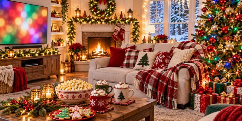 A festive living room set for a family movie night: a lit Christmas tree with colorful lights, a red plaid blanket on a cream sofa, a bowl of popcorn, mugs of cocoa and decorated cookies on the coffee table