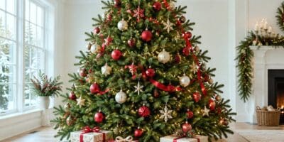 A decorated Christmas tree with warm white lights in a bright living room, with clear space between the treetop and the ceiling