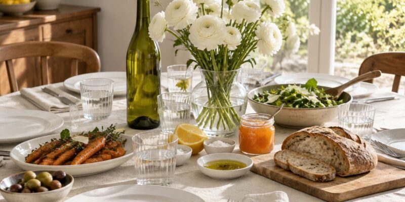 A bright table set for a small dinner party, with flowers already in a vase