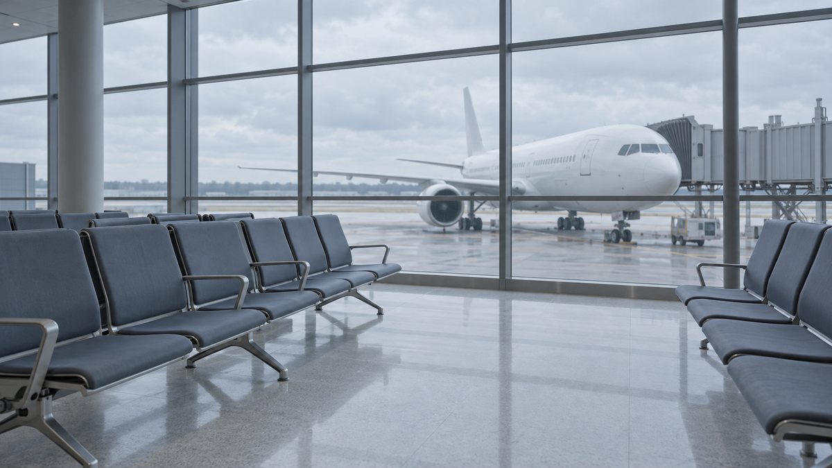 Rows of empty seats at an airport gate with an unmarked white jet outside the windows