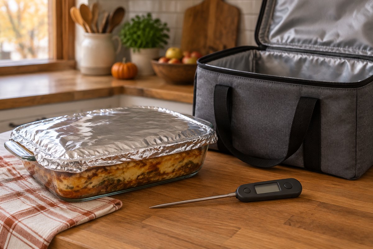 Foil-covered glass casserole dish beside an open gray insulated carrier and a probe thermometer on a wooden counter