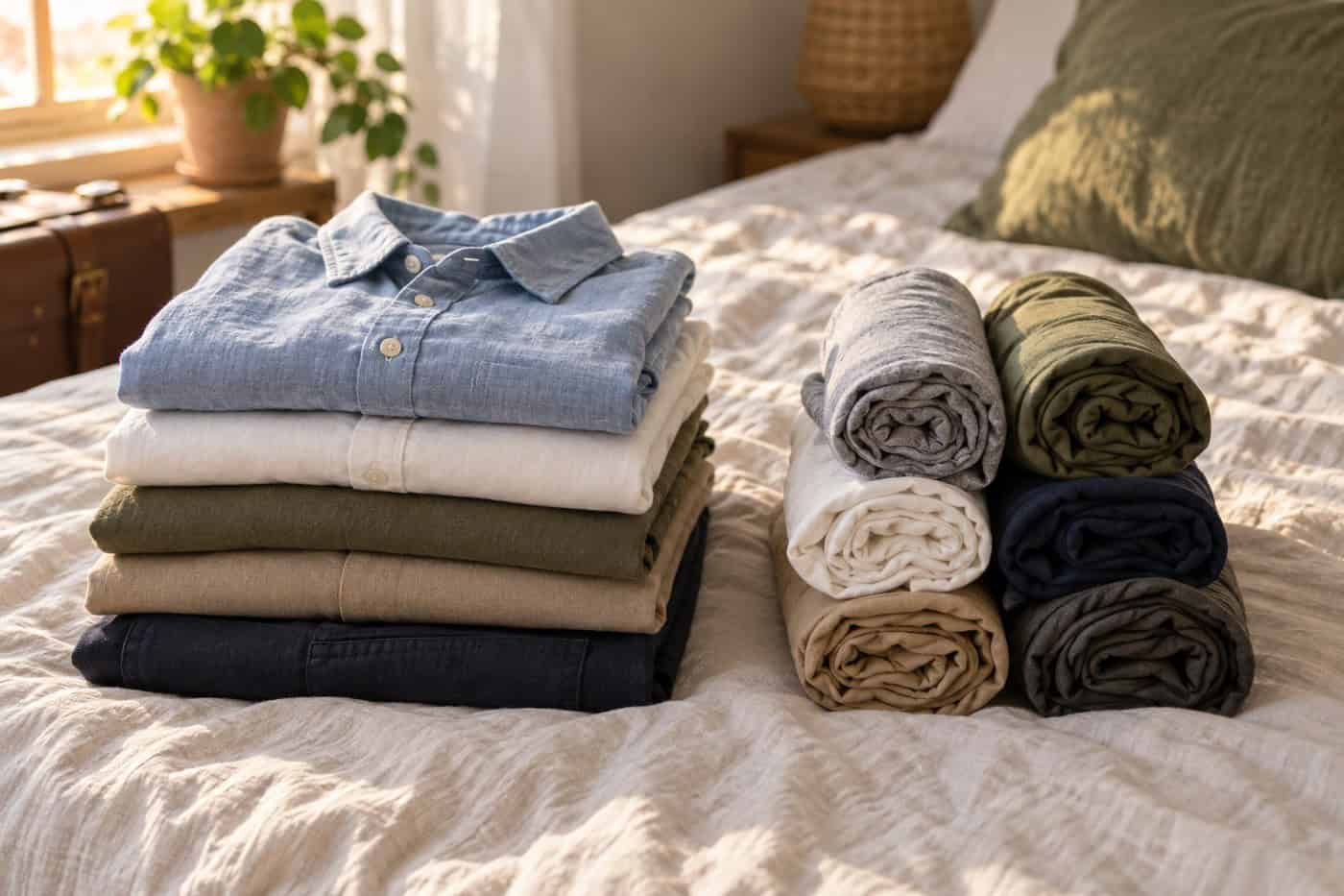 Folded clothes beside rolled clothes, comparing two ways to pack for a carry-on
