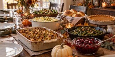 Friendsgiving potluck table with stuffing, mashed potatoes, green beans, cranberry sauce, rolls, salad, and a pumpkin pie