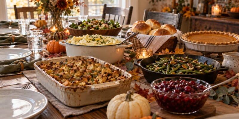 Friendsgiving potluck table with stuffing, mashed potatoes, green beans, cranberry sauce, rolls, salad, and a pumpkin pie