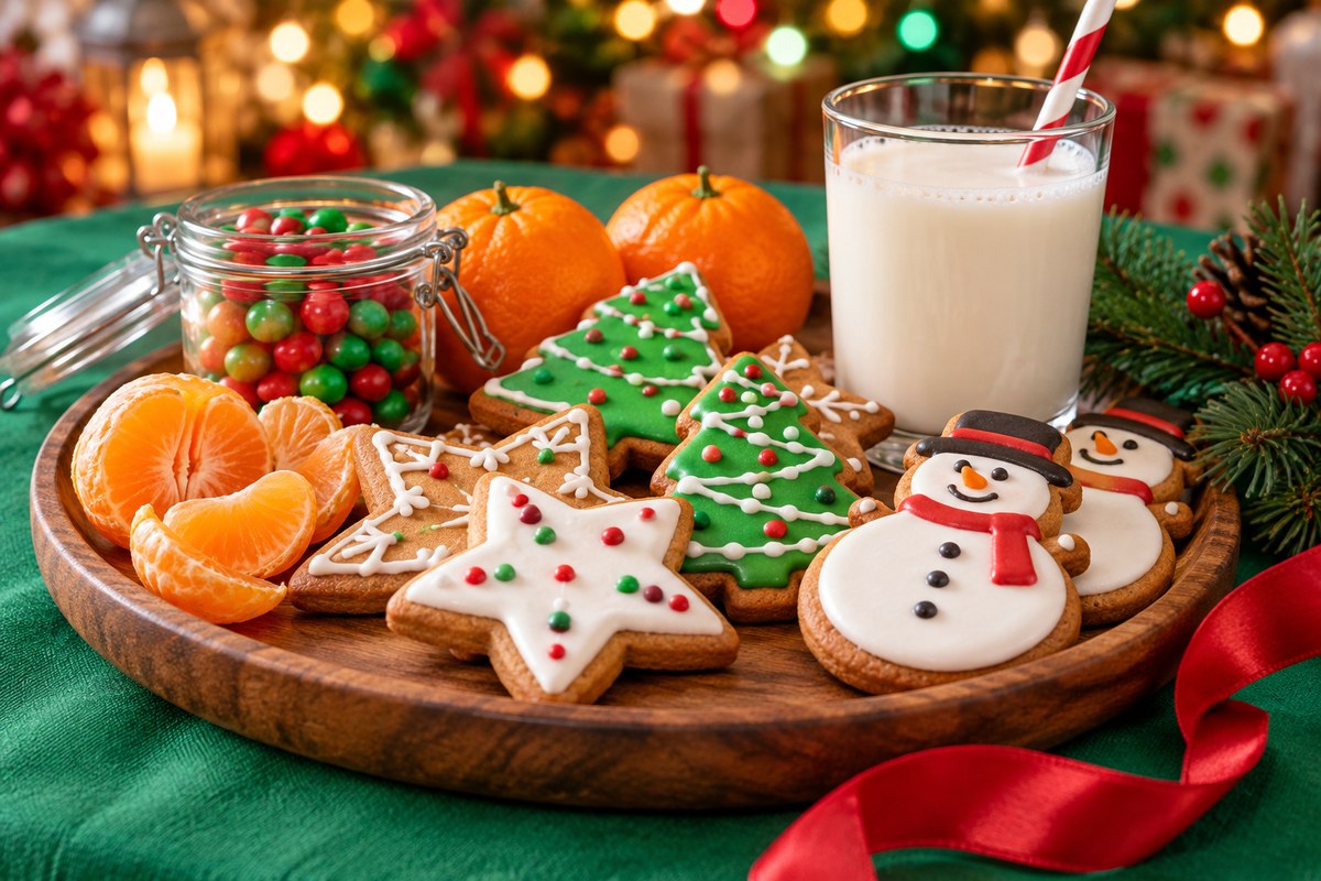 A wooden tray of iced gingerbread cookies shaped like stars, trees and snowmen, with clementines, a jar of red and green candy and a glass of milk