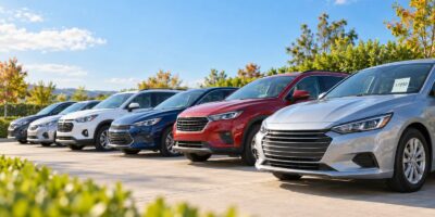 A row of clean used sedans and SUVs parked at an angle on a bright outdoor sales lot under a clear sky.