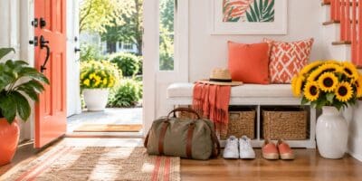 A travel bag and neatly placed shoes beside a sunny entryway bench.