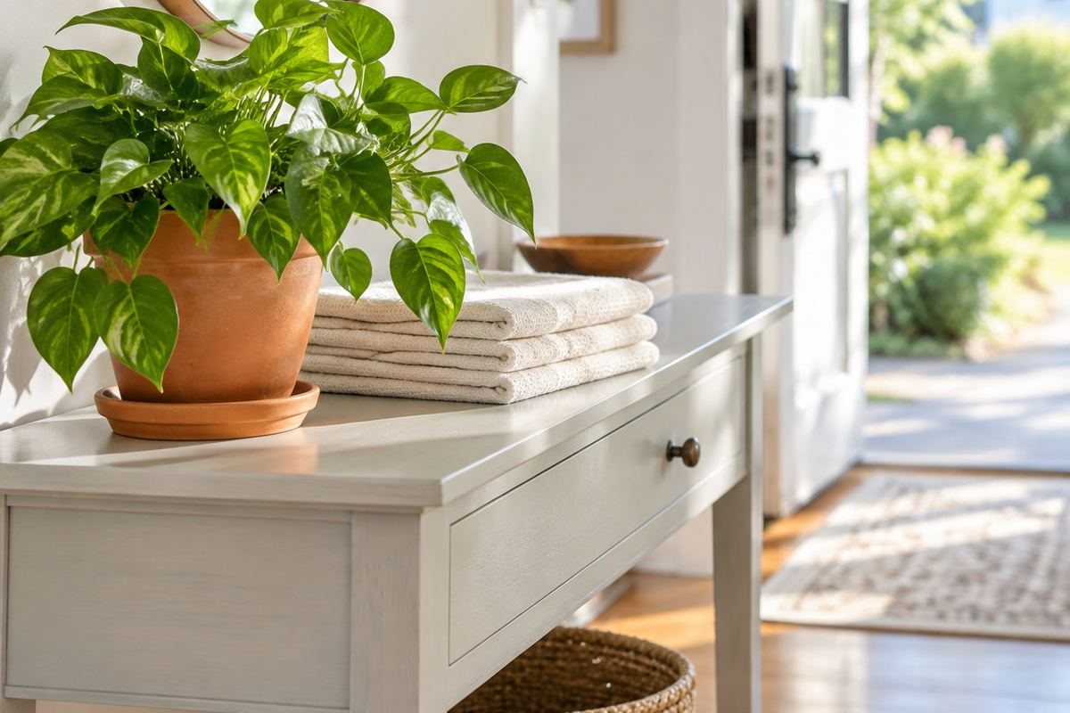 A small houseplant and folded dish towels on a sunlit entry table