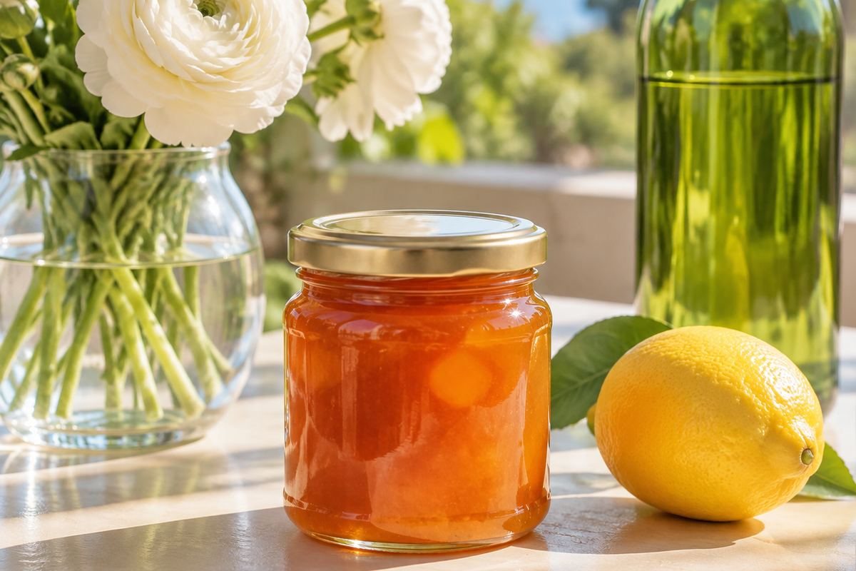 Jam jar, white flowers in a glass vase, a lemon, and a green bottle on a sunlit stone ledge
