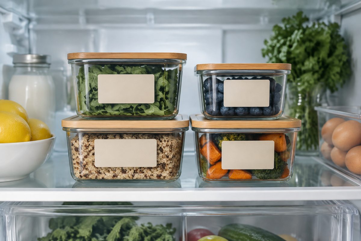 Labeled food containers on a refrigerator shelf