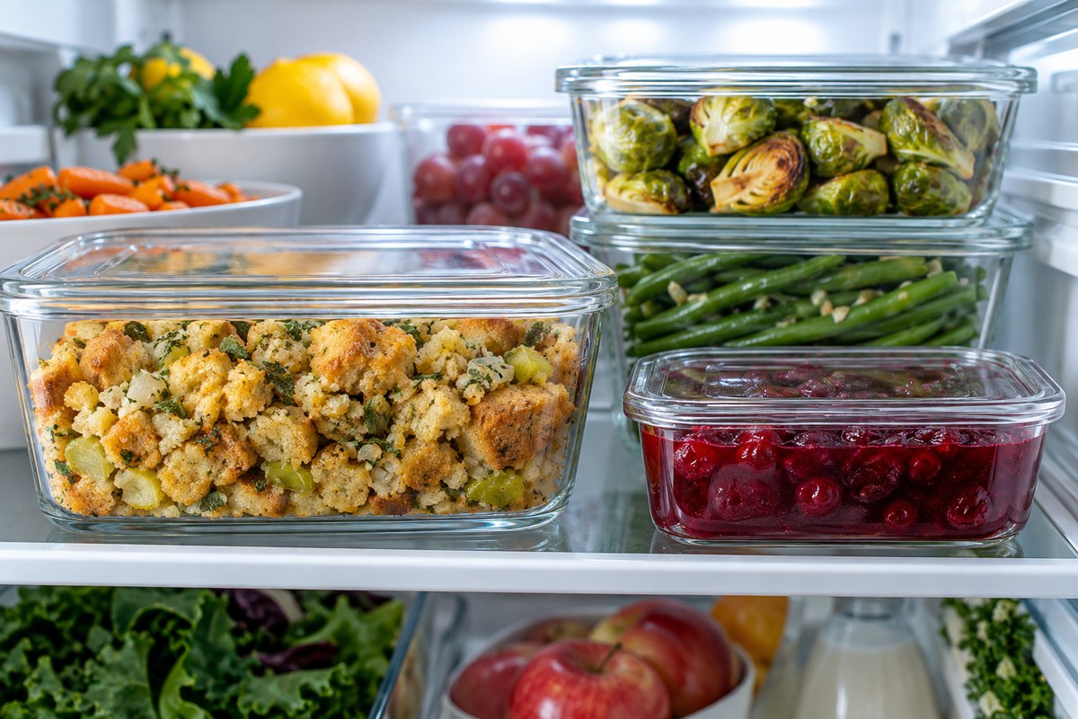 Glass containers of stuffing, greens and cranberry sauce on a bright refrigerator shelf
