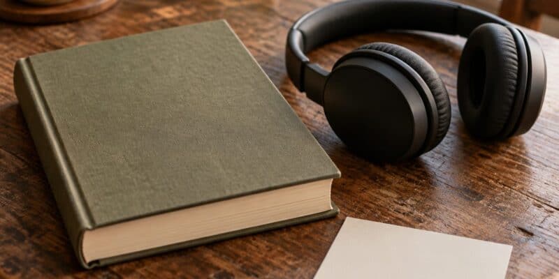 A closed book, headphones, and a blank card on a wooden table.