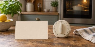 A blank card and a plain kitchen timer on a wooden table, with one oven behind them