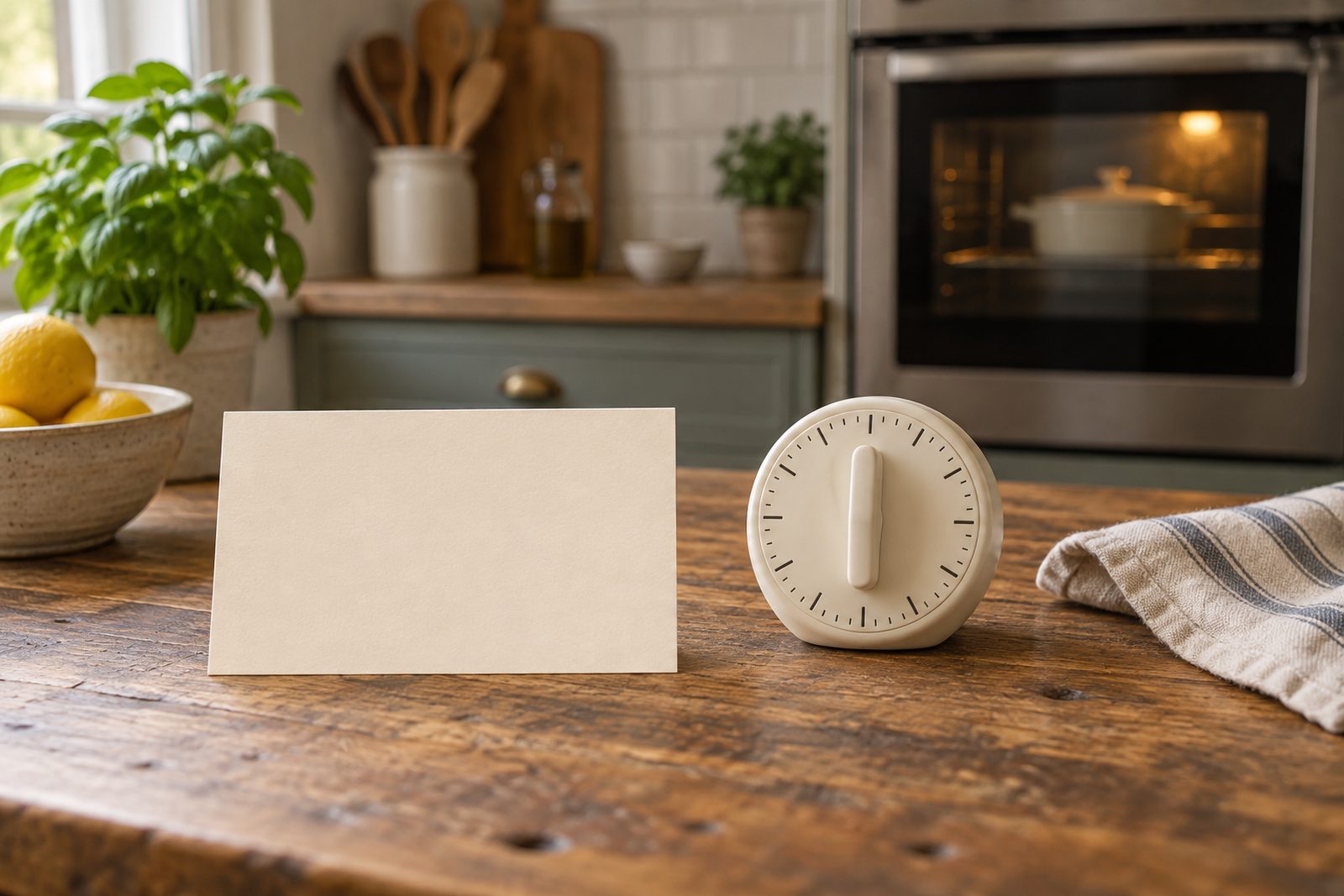A blank card and a plain kitchen timer on a wooden table, with one oven behind them