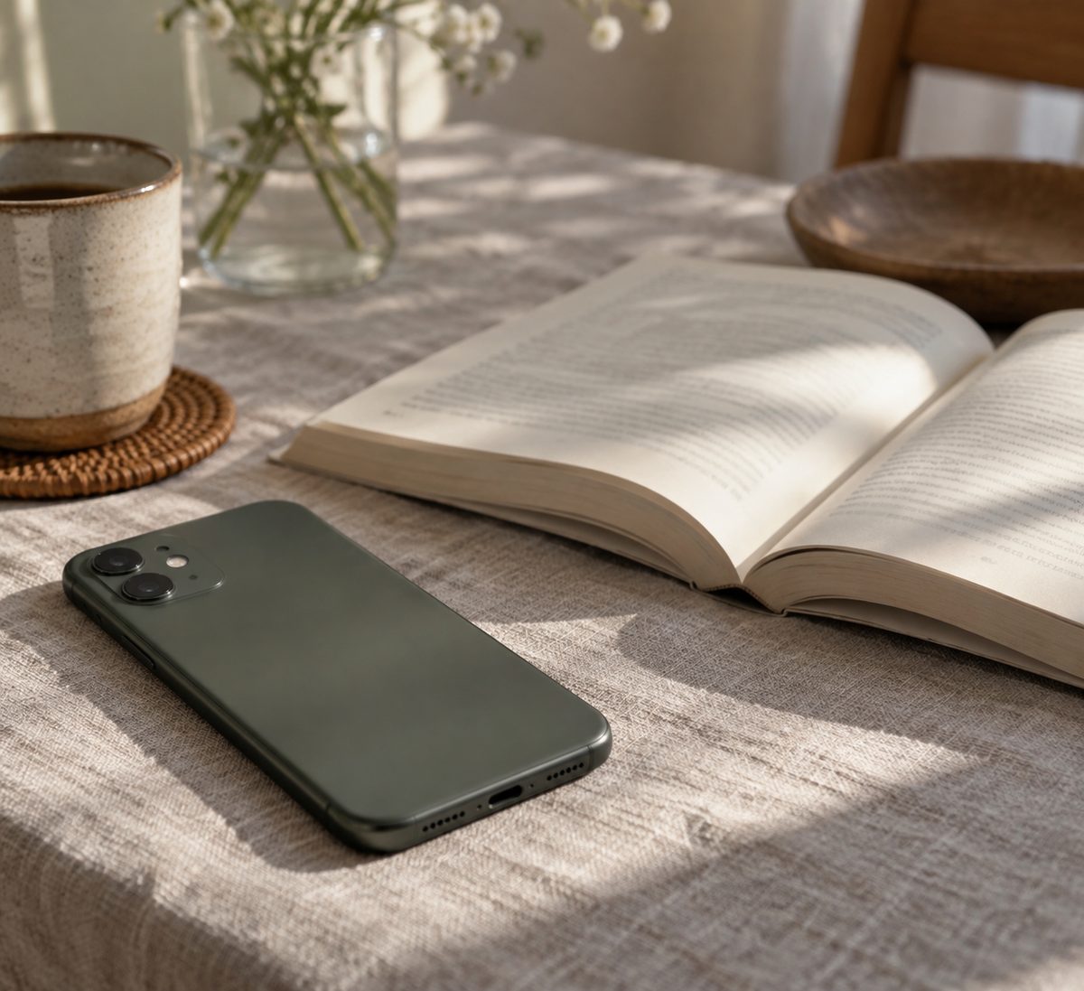 A phone face-down next to an open paperback.