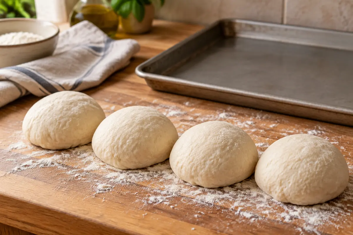 Four balls of pizza dough on a floured board beside a sheet pan