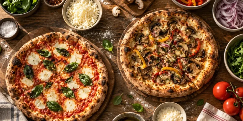 Two homemade pizzas surrounded by bowls of toppings on a wooden party table