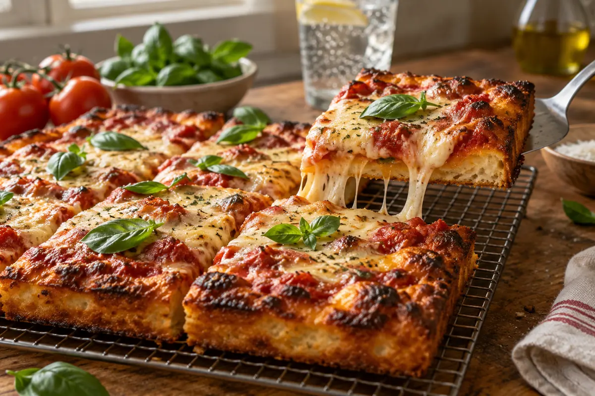 Golden pan pizza cut into squares on a cooling rack