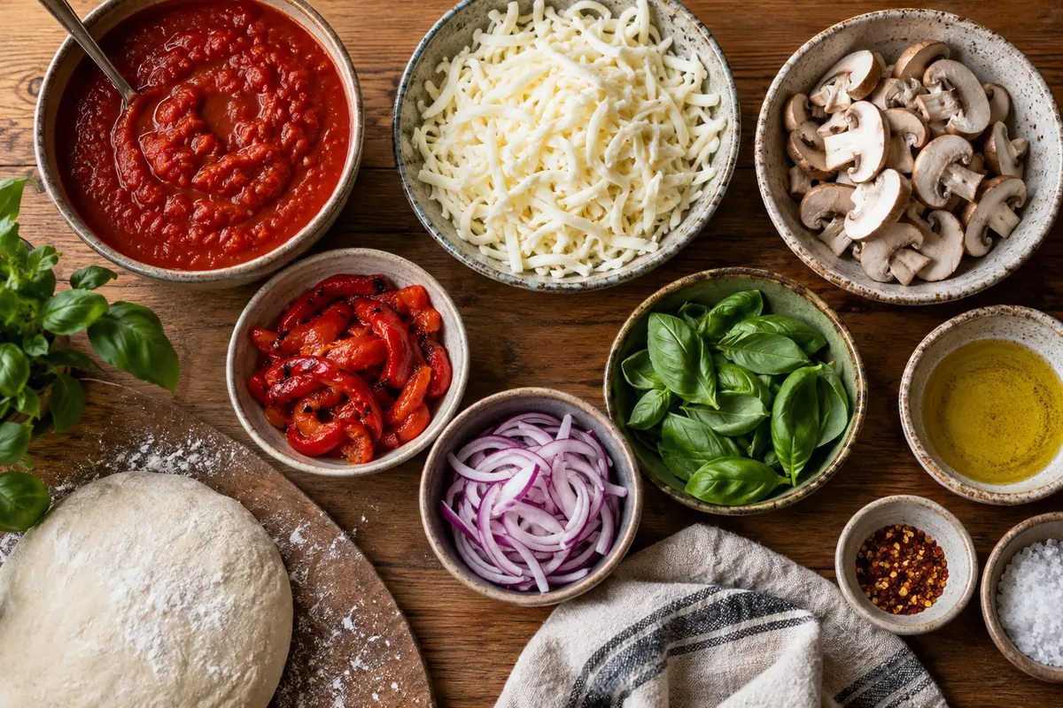 Ceramic bowls of tomato sauce, mozzarella, mushrooms, peppers, onion, and basil