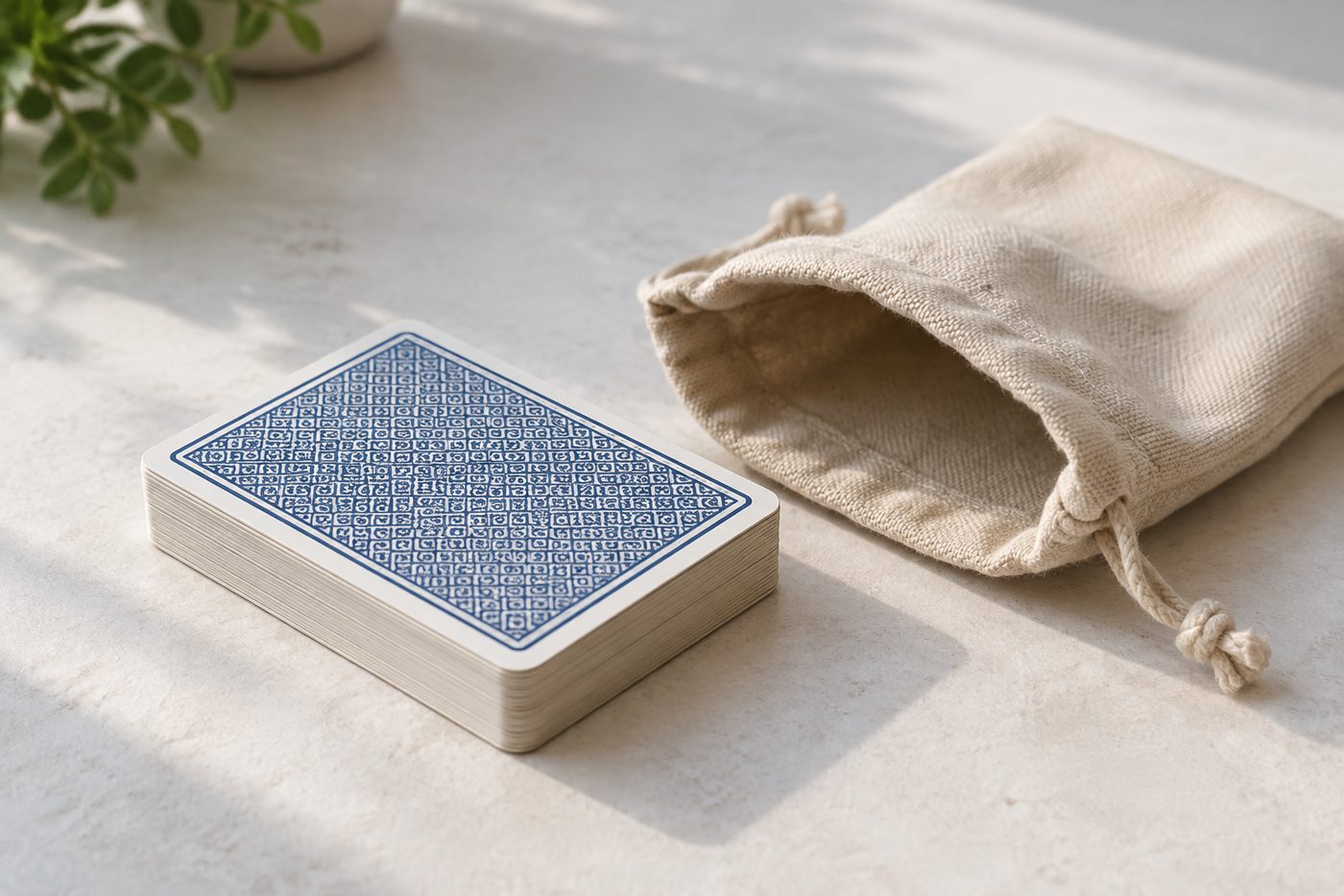 A face-down deck of playing cards beside an open canvas pouch.