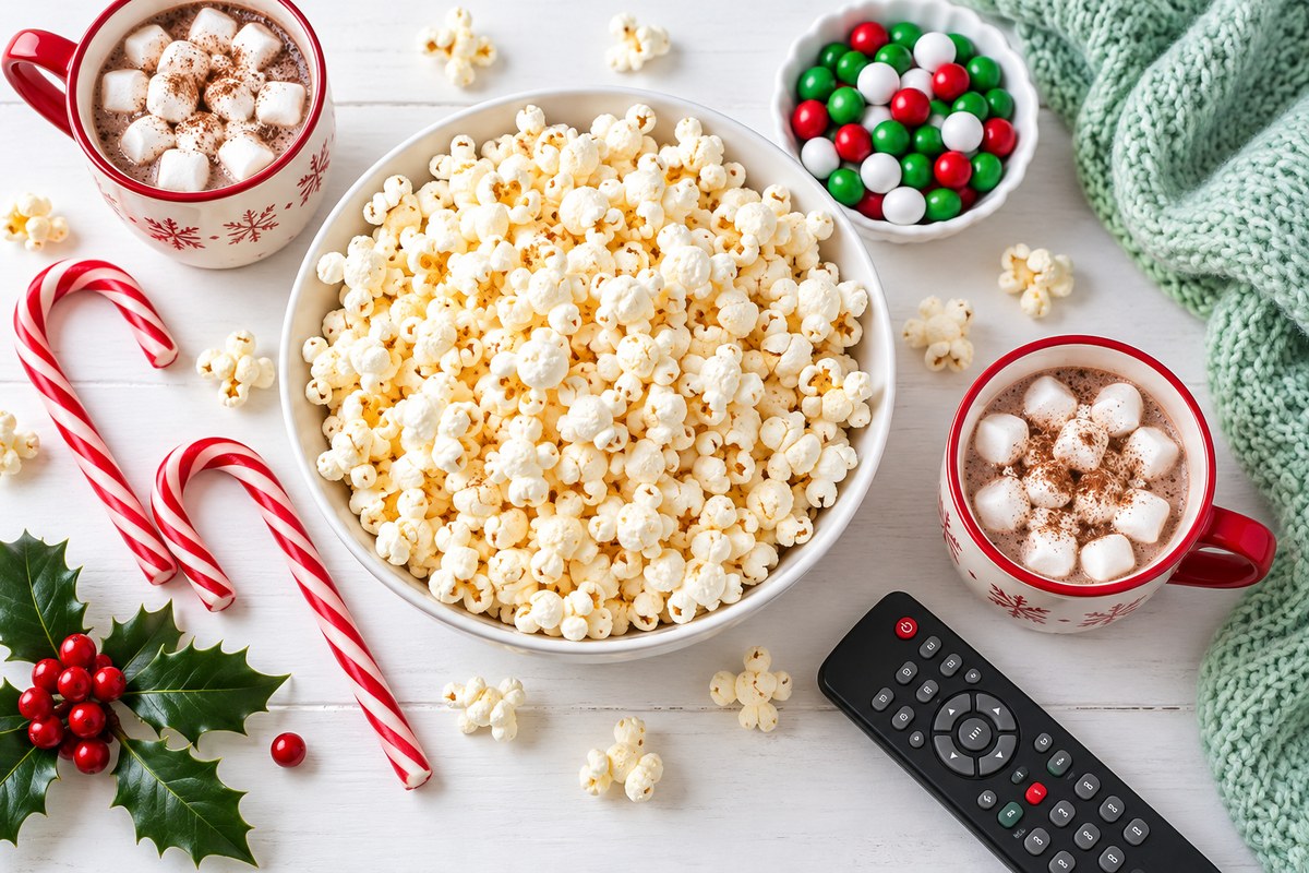 Overhead view of a bowl of popcorn, two mugs of cocoa with marshmallows, candy canes, holly berries, a dish of red and green candies and a TV remote on a white table