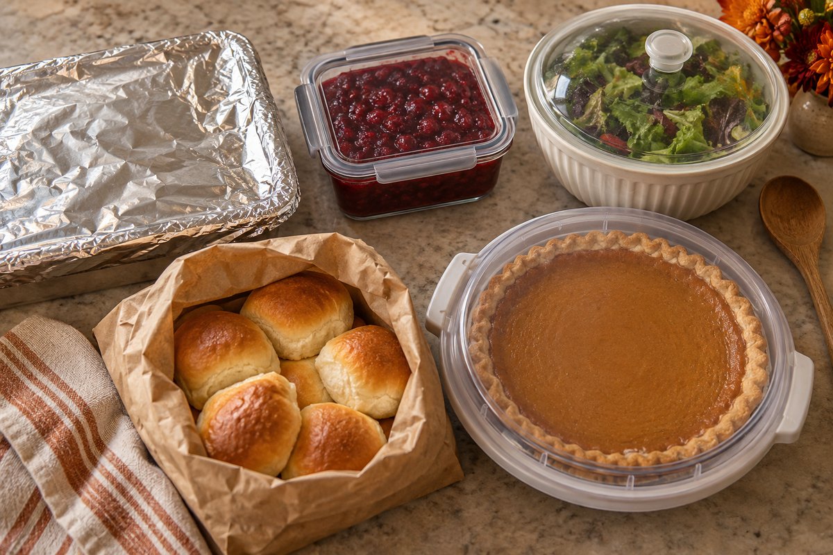 Potluck dishes packed to travel: a foil-covered pan, cranberry sauce in a lidded container, covered salad greens, rolls in a paper bag, and a pie in a carrier