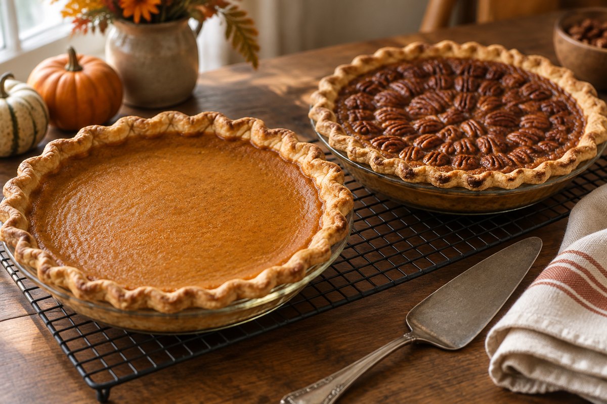 A pumpkin pie and a pecan pie cooling on a wire rack with a pie server beside them