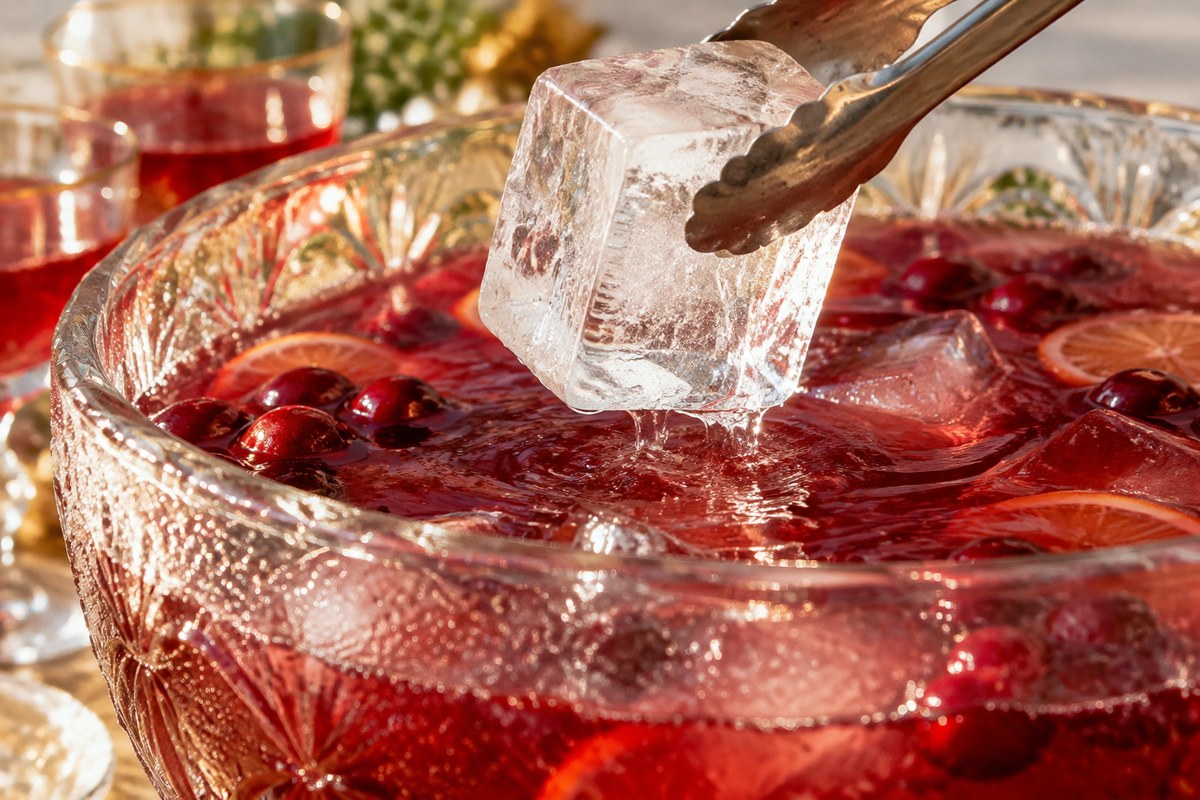 A block of clear ice lowered into a bowl of red punch, water droplets on the glass
