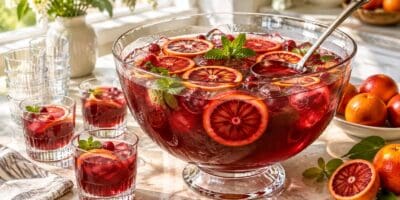 A tall glass punch bowl of deep red punch with orange wheels and mint on a bright kitchen counter