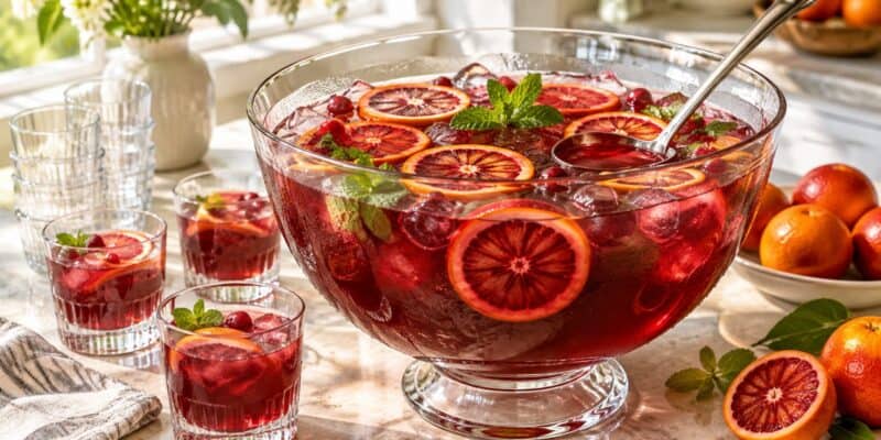 A tall glass punch bowl of deep red punch with orange wheels and mint on a bright kitchen counter