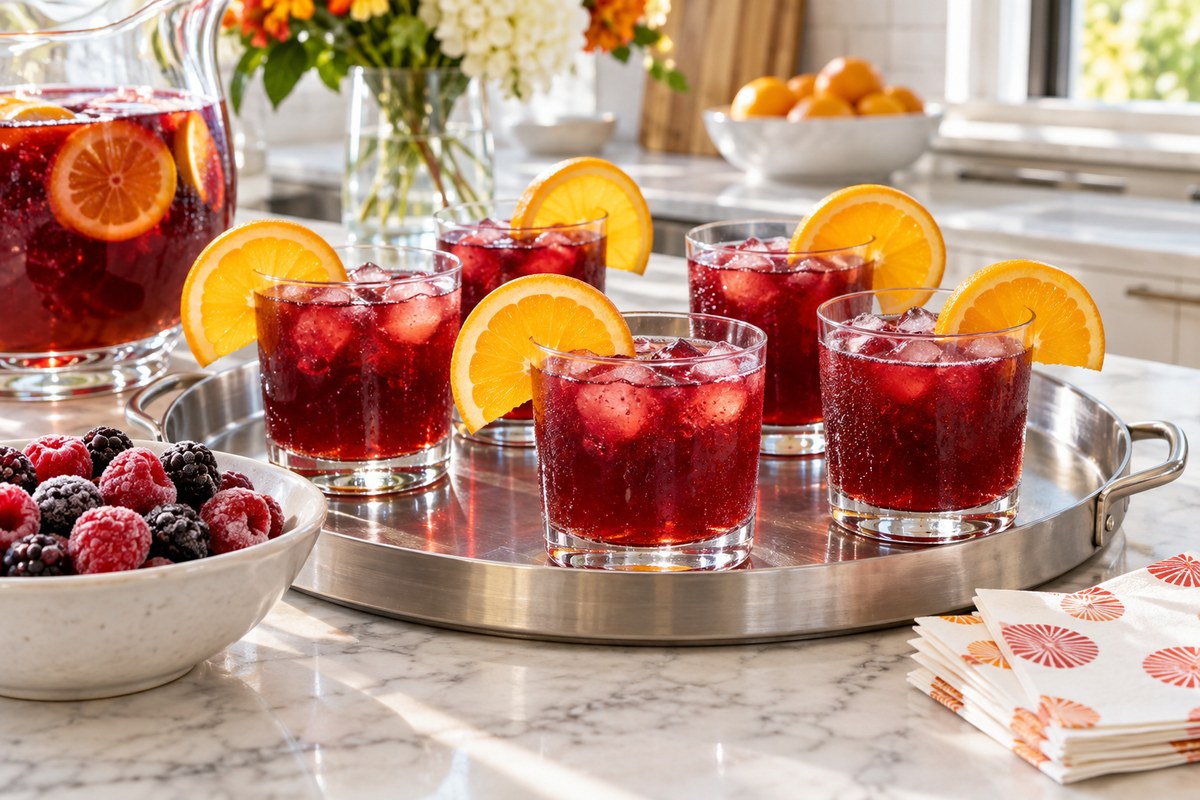 A steel tray of six tumblers of ruby punch with orange wheels beside frozen berries