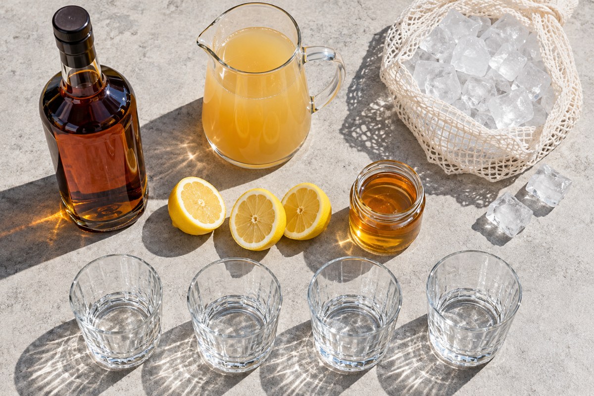 Overhead flat-lay of a spirit bottle, apple cider, lemons, syrup, ice and tumblers on a pale counter