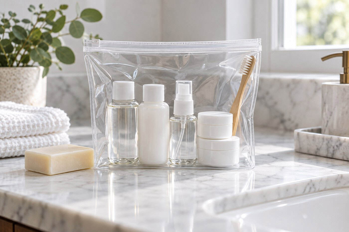 Clear zip-top bag with bottles and a toothbrush on a bathroom counter