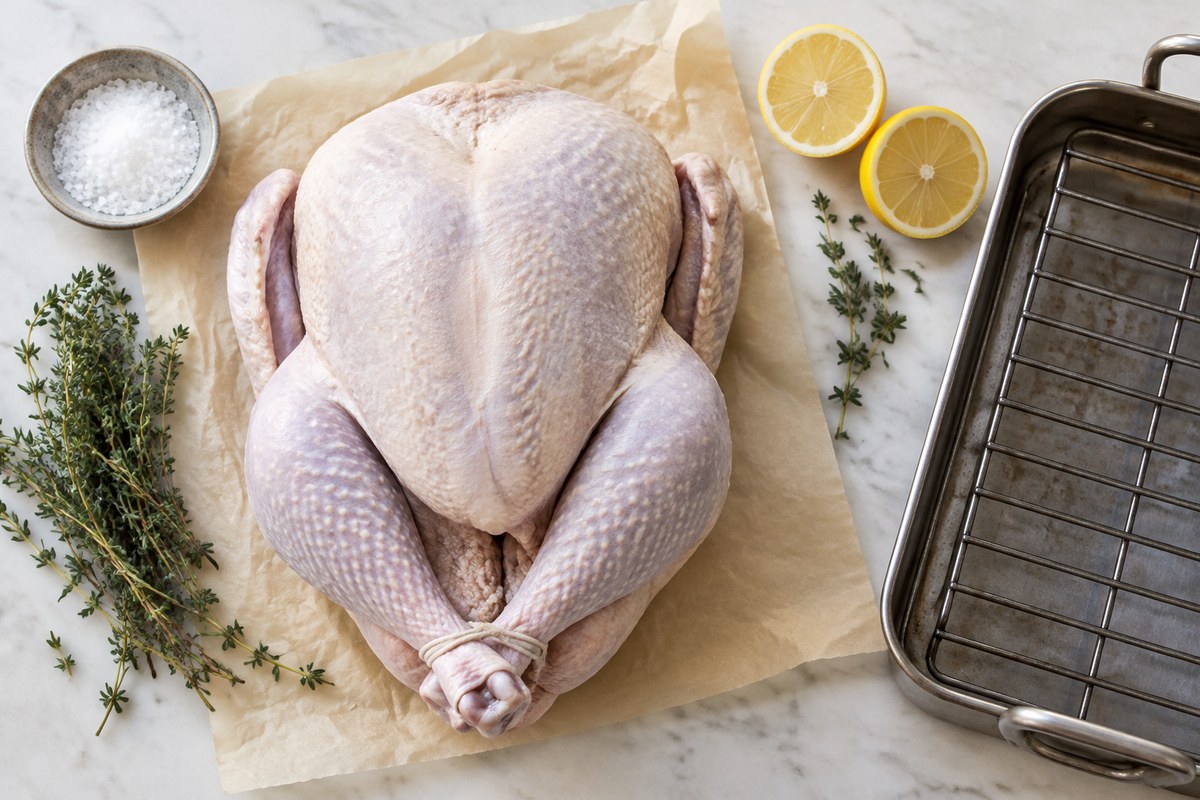 Raw whole turkey on parchment beside a shallow roasting pan, with thyme and a halved lemon