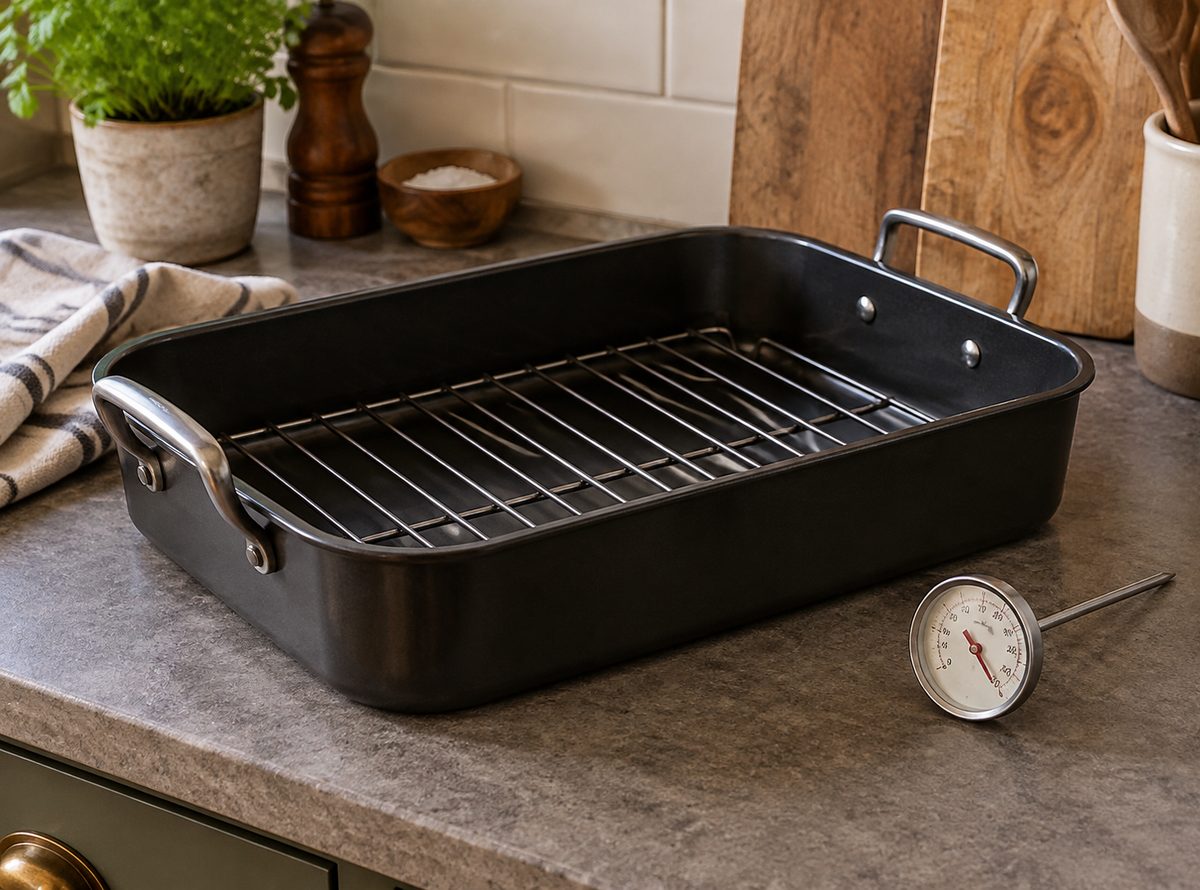 A roasting pan and a plain kitchen thermometer on a counter