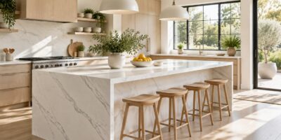A bright modern kitchen with a large white sintered stone island and pale oak cabinets