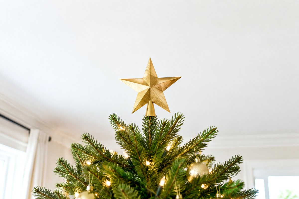 A star topper on a decorated tree standing with clear space above it below a room ceiling