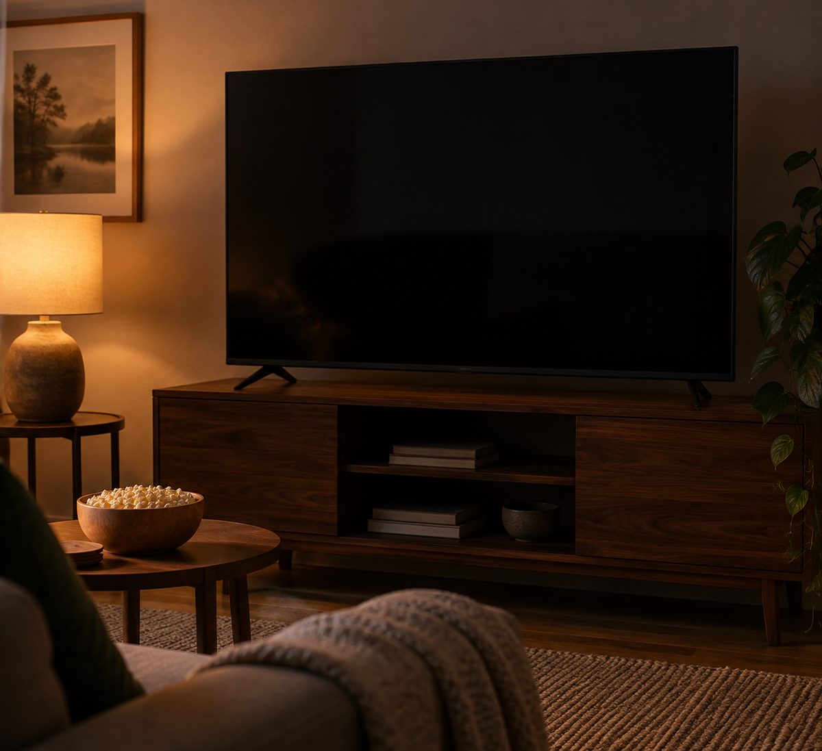 A television with the screen off and a bowl of popcorn.